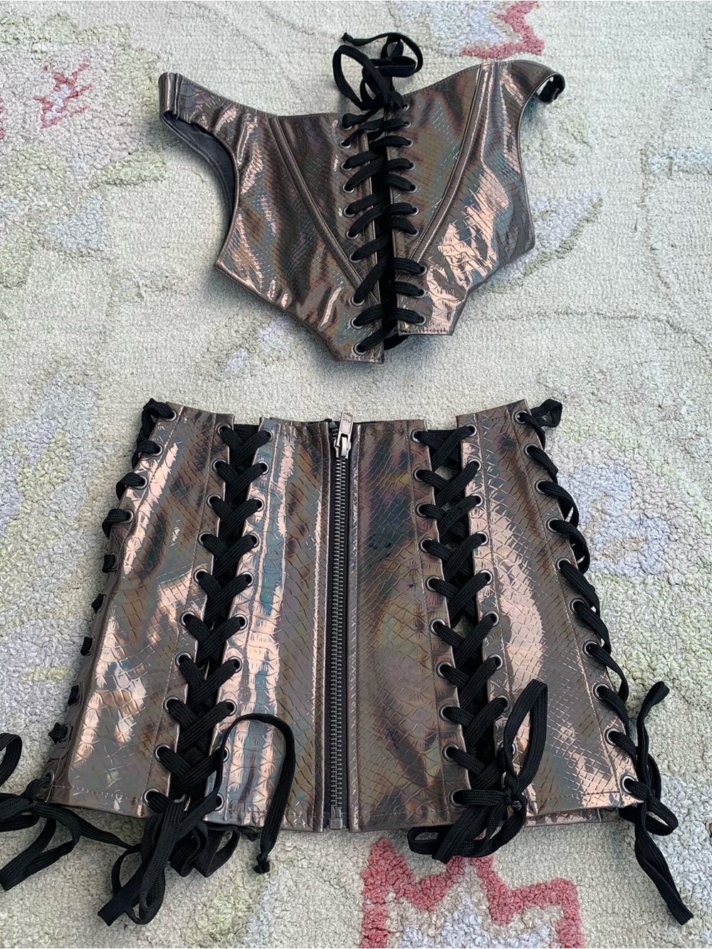 Club Exx by Dolls Kill Holographic Snakeskin 2-Piece Lace-Up Set size S